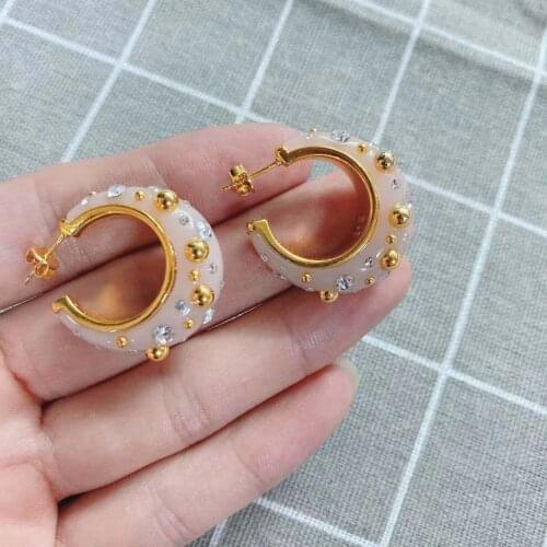 French niche designer resin inlaid with small gold color beads inlaid advanced exaggerated Earrings retro style earrings