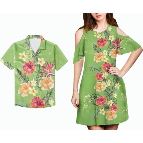 HYCOOL Light Green Floral Design Retro 2pcs Holiday Couple Clothing Women Cold Shoulder Short Sleeves Dress Match 5xl Men Shirts