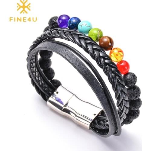 FINE4U B309 Healing Chakra Bracelet with Natural Lave Stones Multilayer Wrap PU Leather Magnetic Clasp Wristband For Men