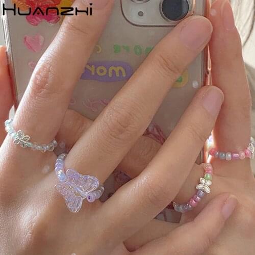 HUANZHI 2020 New Lovely Summer Korean Colorful Transparent Beads Butterfly Flowers Rings for Women Party Vacation Jewelry Gifts