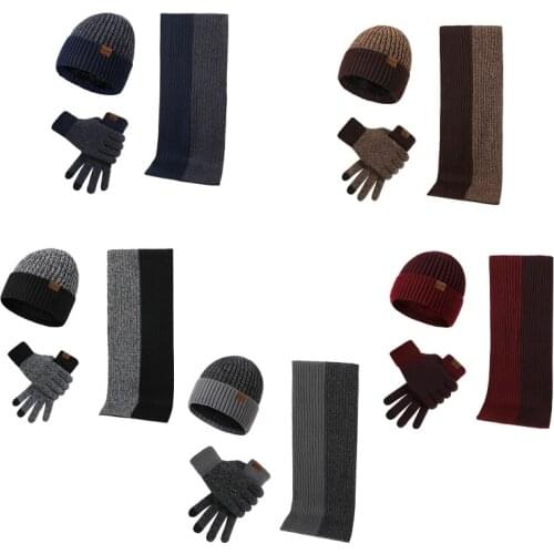 L93F 3 Pcs/set Unisex New Double-sided Color Matching Scarf Autumn Winter Fashion Men Women Simple Thickening Hat Gloves Set