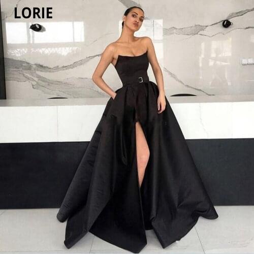 LORIE Black Evening Dresses Simple Formal Cheap Prom Dresses with High Split Cocktail Party Celebrity Dress with Belt Plus Size