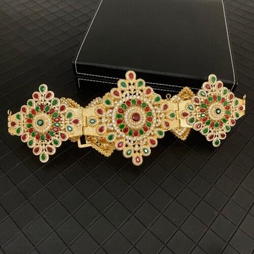 Moroccan Fashionable Bride Waist Chain Green Red Rhinestone Algerian Robe Gold Plated Crystal Belt Turkish Womens Jewelry
