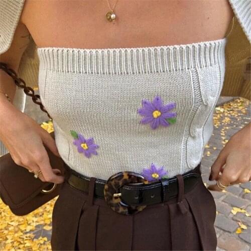 Sexy Strapless Elastic Tube Tank Tops Fashion Floral Embroidered Stretch Wild Slim Female Exposed Navel Wrapped Knitted Vest