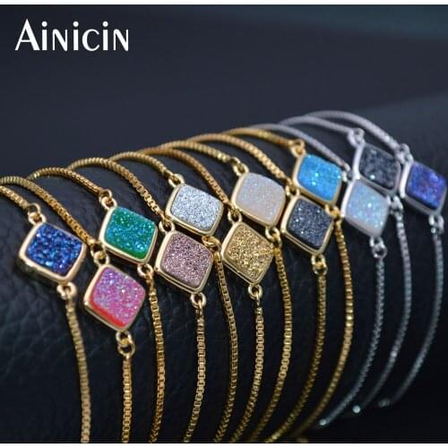 Fashion Women Jewelry Natural Druzy Crystal Square Shape Sliding Clasp Adjustable Bracelets Birthday Gift 5pcs/lot