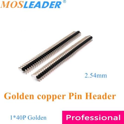 Mosleader 200pcs 1*40P Golden Copper Male 2.54mm Pin Header Strip Single Row Angle Connector Positive Reverse 90 degree curved