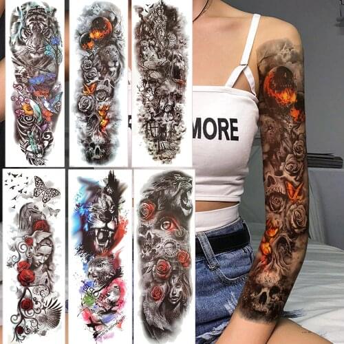 YURAN Disposable Full Arm Fire Rose Temporary Tattoos For Men Women Flower Lion Tiger Tattoo Sticker 3D Body Art Tatoos Washable