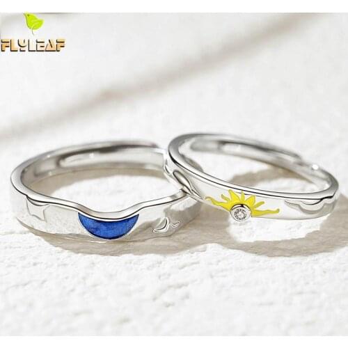 925 Sterling Silver Zircon Sun Moon Open Lovers Ring Romantic Couple Student Fine Jewelry Flyleaf