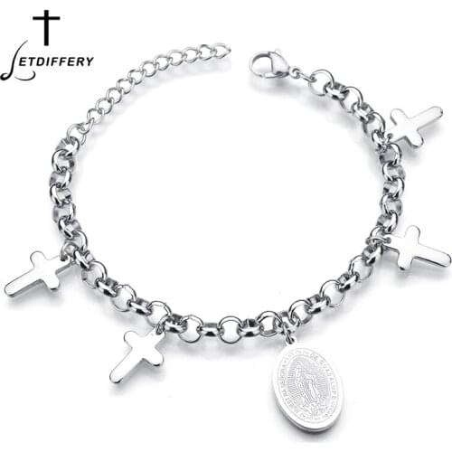Letdiffery Religious Virgin Mary Cross Bracelets Stainless Steel Adjustable Chain Bracelets For Women Christian