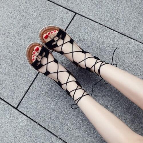 YMECHIC Flat Heel Ankle High Gladiator Sandals Women Boot Summer Lace Up Cross Tied Black Brown Casual Beach Rome Ladies Shoes