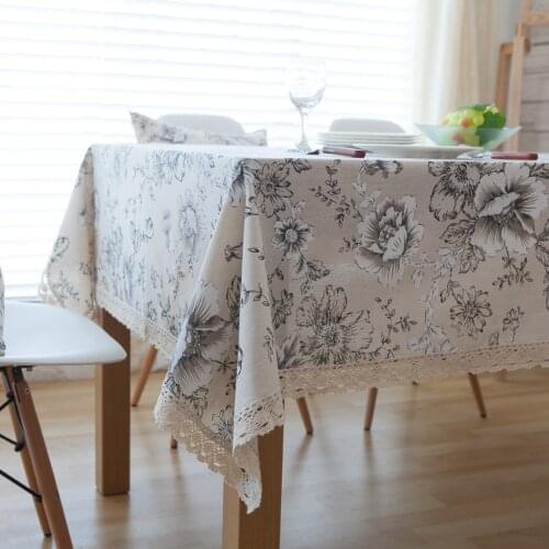 Retro Peony Flower Printed Cotton Linen Tablecloth with Lace Hem for Living Dining Room Picnic Mat Home Cushion Cover Decor