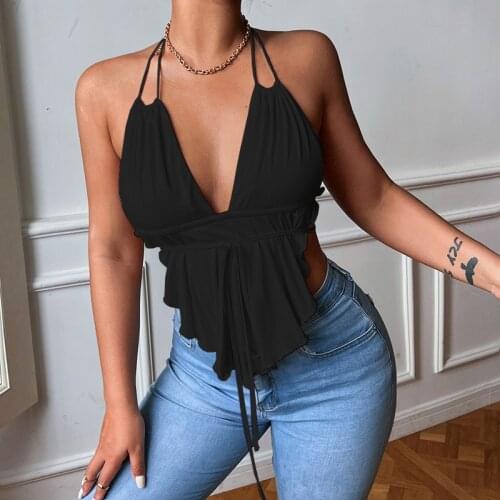 Women Sexy Halter Tops Summer Blue Sleeveless Off-the-shoulder Leopard Printed Hollowed-out Backless Shirt Pleated Chest Wrap