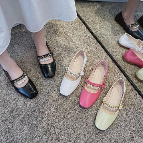 Spring Autumn New Women Flats String Bead Patent Leather Mary Janes Shoes Square Toe Chain Pearls Female Shoes White Black 9172L