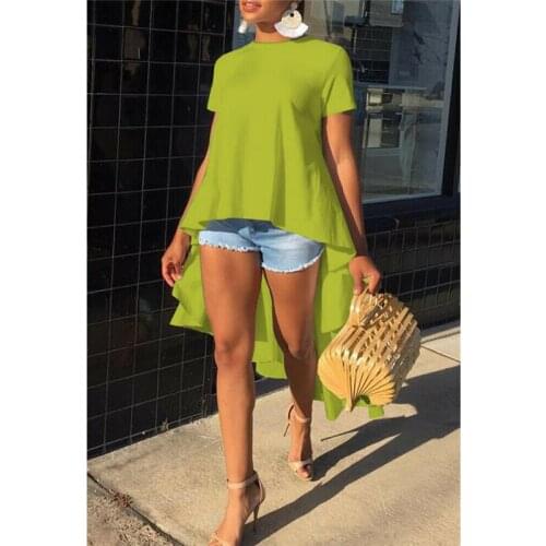 Women Casual Loose Short Sleeve Tunic Top Long Tail T-Shirt Blouse Plus Size Solid Color Female Fashion Tops