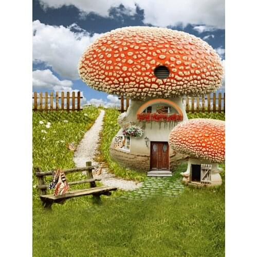 VinylBDS Printing Photography Backdrops Huge Mushroom House White Cloud Butterfly For Children Photographic Background
