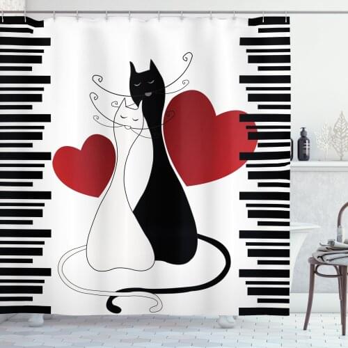 Romantic Cat Shower Curtain Set Lovers Valentines Day Hearts Curtain for Bathroom Decor 12 Hooks Decorative Bath Accessory