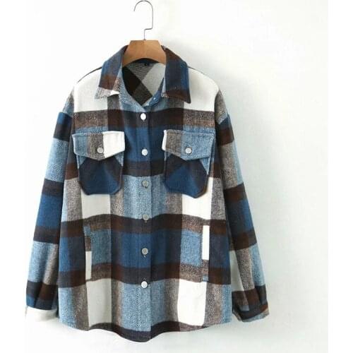 Autumn winter women Vogue plaid print za long jackets outwear stylish lady Fad new Vogue long sleeve pockets woolen jacket