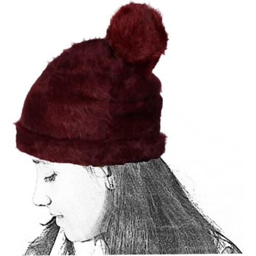 Knitted Hat Woman Burgundy Red Wool Rabbit 50 Long Angora Pompom Fur Ball L Chic Fashion Winter Style Urban Soft