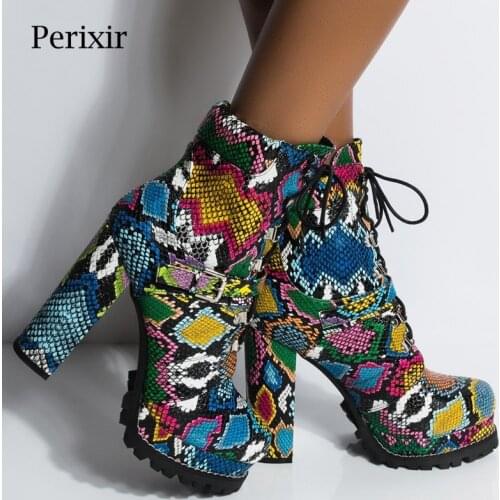 Snake Skin Ankle Boots for Women Think Heeled Platform Boots Winter Shoes Women High Heel Lace-up Buckle Booties 2020 Lady Shoes