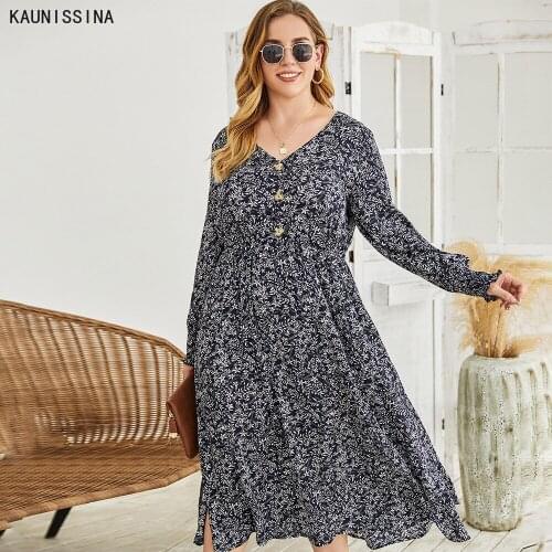 Womens Plus Size Floral Printed Dress Long Sleeve V-Neck A-Line Casual High Waist Dresses Loose Holiday Maxi Dress 2XL 3XL 4XL