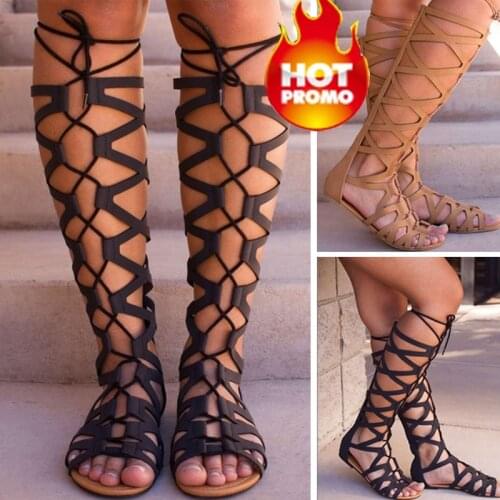 2021 Roman Gladiator Bandage Sandals Women Knee High Flat Sandalias Botas Femininas Women Shoes Girls Summer Hollow Ankle Boot