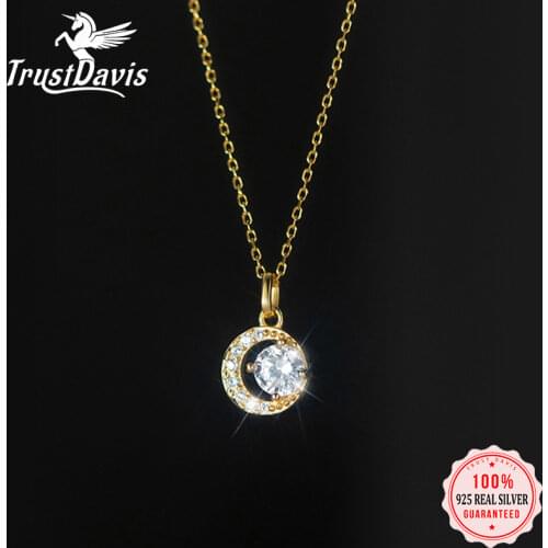 Trustdavis Genuine 925 Sterling Silver Cute Hollow Moon Shiny CZ Pendant Choker Necklace For Women S925 Necklaces Jewelry DA1062
