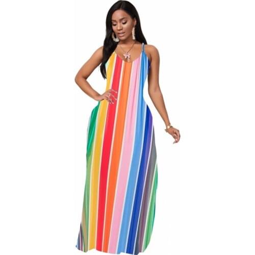 2020 New Maxi Dressese Women Sexy Sleeveless V Neck Dress Summer Fashion Rainbow Colors Stripe Beach Holiday Dress Party Vestido