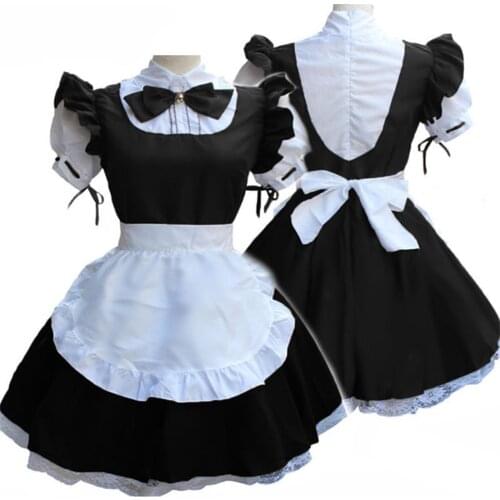 2021 Black Cute Lolita Maid Cosplay Costume French Maid Dress Girls Women Amine Headwear Apron Fake Collar Bowknot Party Dress