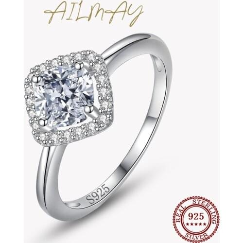 Ailmay Luxury Square Cushion Cut CZ Finger Rings 925 Sterling Silver Zirconia Ring for Women Wedding Engagement Jewelry Gift