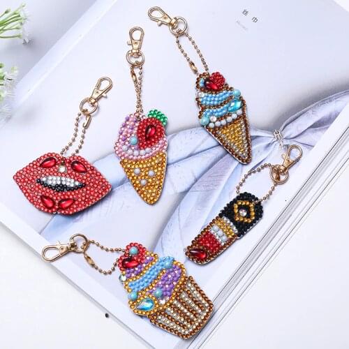 Diamond Painting Lipstick and ice Cream DIY 5D Keychain Round Drill Keyring Crystal Rhinestone Bag Cross Stitch Mosaic Arts Craf