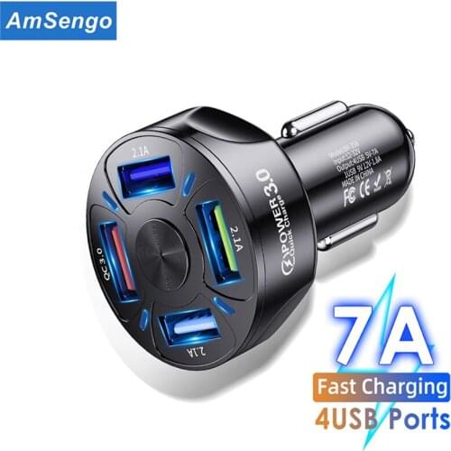 Amsengo 7A Car Charger 4 Ports USB for iPhone 12 Max Mini Xiaomi 35W LED Display Universal Mobile Phone Quick Charge Car-Charger