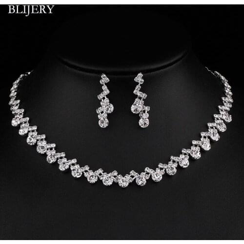 BLIJERY Silver Color Crystal Bridal Wedding Jewelry Sets Rhinestone Choker Necklace Earrings Sets for Women African Jewelry Sets