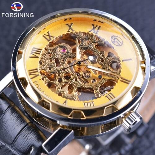 Forsining Retro Golden Skeleton Wristwatch Mens Mechanical Watch Automatic Self-wind Movement Black Genuine Leather Strap