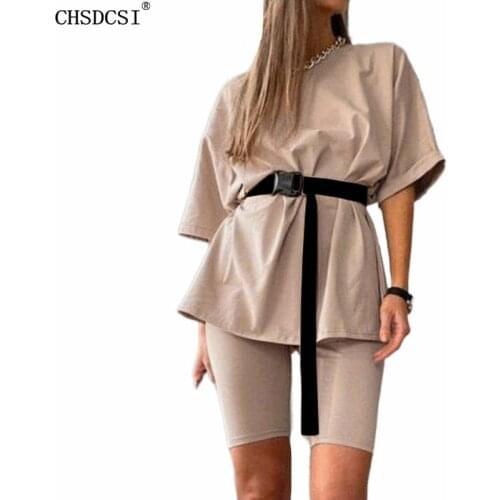 CHSDCSI Solid TShirt Shorts Two Piece Elastic Gym Fitness Work-out Suit Fashion Outfits Womens Set High Waist Running Tracksuit