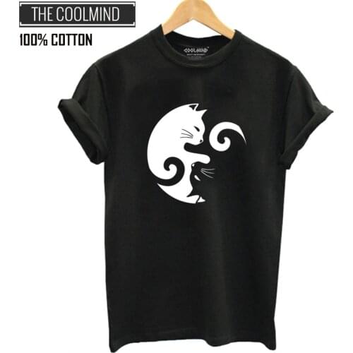COOLMIND QI0234B 100% cotton top quality cat print women T shirt casual o-neck fashion women T-shirt short sleeve tshirt female