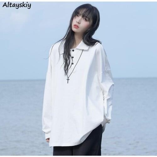 T-shirts Women Loose Solid Student Turn-down Collar Harajuku Minimalist Streetwear BF Fashion Design Oversize Cool Female Soft