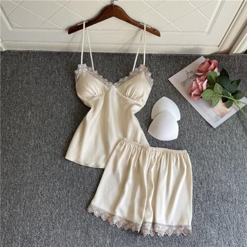 Apricot Strap Top&Shorts 2PCS Sleep Set Women Spring Homewear Pajamas Suit Satin Home Clothes Pijamas Sexy Sleepwear Nightgown