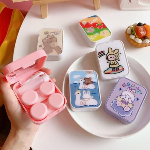Korean style simple cute bear cosmetic contact box ins cartoon contact lens companion box double box portable care box