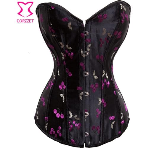 Cherry Embroidery Overbust Corset Black Gothic Corsets and Bustiers Burlesque Sexy Korsett For Women Espartilhos E Corpetes