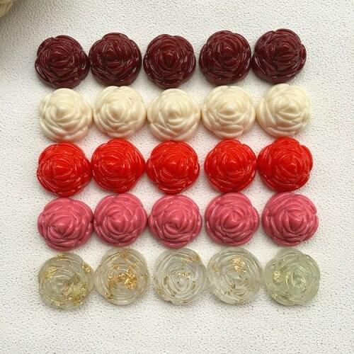 50pcs 19mm Flatback Carved Rose Flower Shape Round Resin Cabochons Beads Ornament Accessory Hair Bow Center Garment Decor Cameo