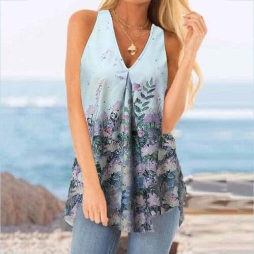 Casual Flowers Print Womens Tank Tops V Neck Sleeveless Elegant Female Tops Fashion Summer Streetwear Style Women T-Shirts