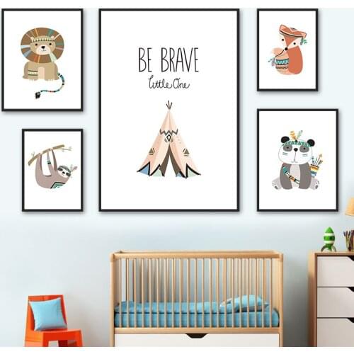 Cute Lion Sloth Fox Panda Feather Tent Cartoon Wall Art Canvas Painting Nordic Posters And Prints Wall Pictures Kids Room Decor