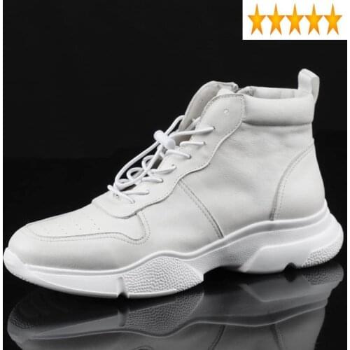 Genuine 2021 Brand Korean Fashion Shoes Men Real Leather White Black Casual Sneakers Lace Up Zipper Ankle Boots