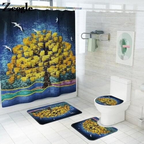 Oil Painting Tree Bathroom Bath Mat Set, Bathroom Waterproof Shower Curtain Set, Toilet Cover, Bath Mat, Bath Blanket