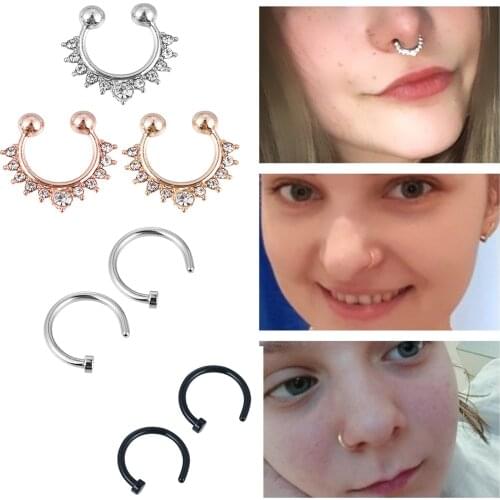 New Crystal Clicker Fake Septum For Women Clip Hoop Nose Ring Faux Piercing Gold Silver Plated Men Girl Gift Body Jewelry