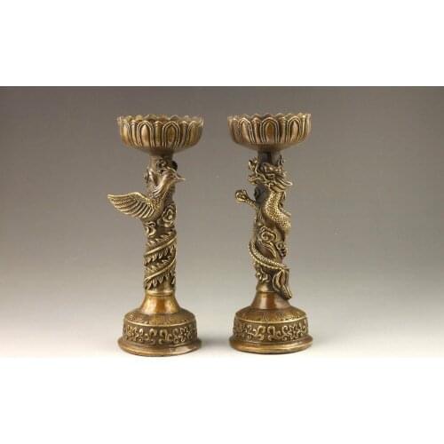 A Pair of Elaborate Chinese Handmade Fine Dragon Phoenix Brass Candlestick