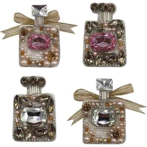 Fashion Perfume Bottle With Bow Handmade Rhinestone Beaded Patches for Clothing DIY 3D Embroidery Appliques Decorative Sequins