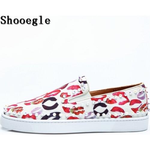 SHOOEGLE Chaussure Homme Men Lips Prints Flats Mixed Color Casual Shoes Rivets Spikes Pattern Loafers Shoes Wedding Party Shoes