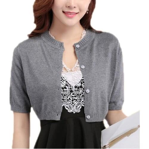 Sparsil Women Autumn Cashmere Knitted Short Pashmina Spring Summer O Neck Half Sleeve Wool Button Solid Casual Elegant Shawl