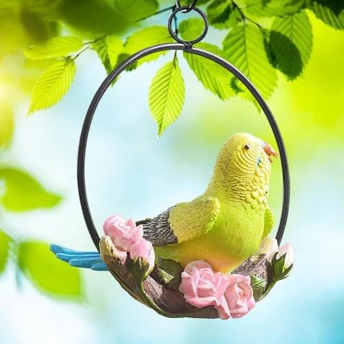 Resin Artificial Parrot Statue Perch On Metal Ring Ornament Simulation Parrot Bird Sculpture Craft Wall Hanging GardenDecoration